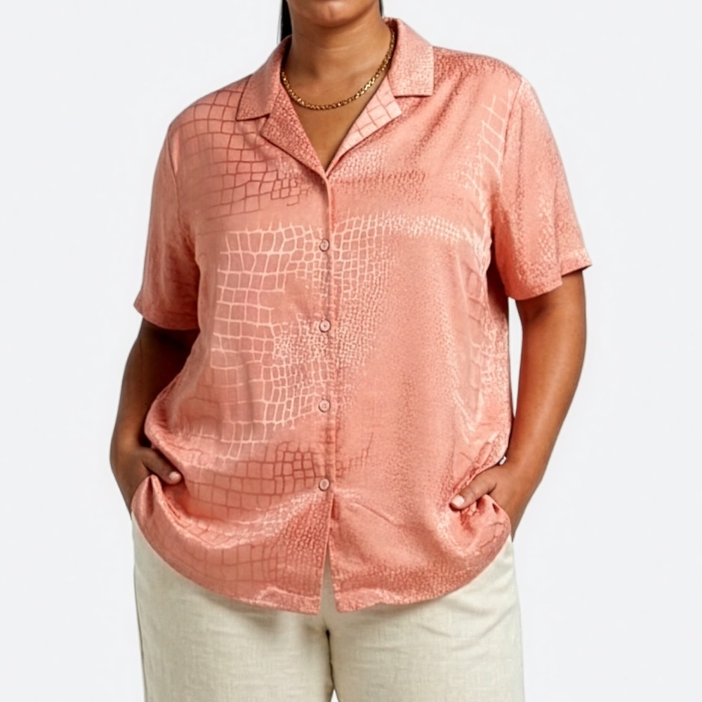 ASOS Satin Crocodile Jacquard Shirt 100% Viscose Salmon‎ Button-Down Blouse L 0X
